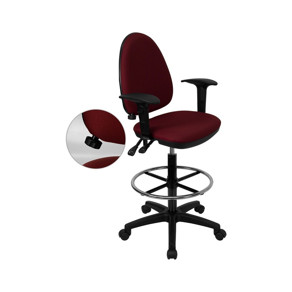 Mid-Back Burgundy Fabric Multifunction Ergonomic Drafting Chair with Adjustable Lumbar Support and Adjustable Arms