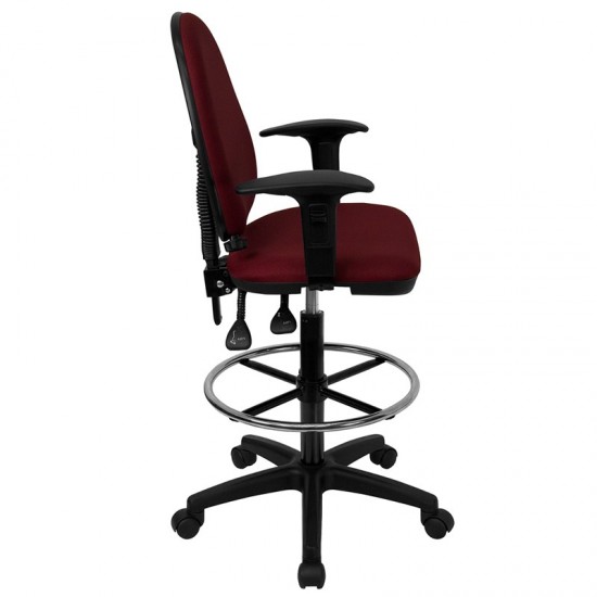 Mid-Back Burgundy Fabric Multifunction Ergonomic Drafting Chair with Adjustable Lumbar Support and Adjustable Arms