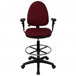 Mid-Back Burgundy Fabric Multifunction Ergonomic Drafting Chair with Adjustable Lumbar Support and Adjustable Arms