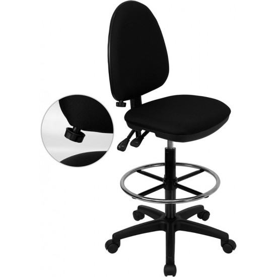 Mid-Back Black Fabric Multifunction Ergonomic Drafting Chair with Adjustable Lumbar Support