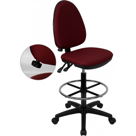 Mid-Back Burgundy Fabric Multifunction Ergonomic Drafting Chair with Adjustable Lumbar Support