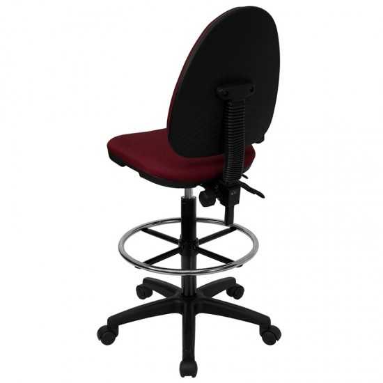 Mid-Back Burgundy Fabric Multifunction Ergonomic Drafting Chair with Adjustable Lumbar Support