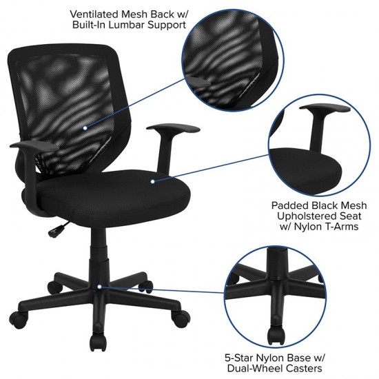 Mid-Back Black Mesh Tapered Back Swivel Task Office Chair with T-Arms