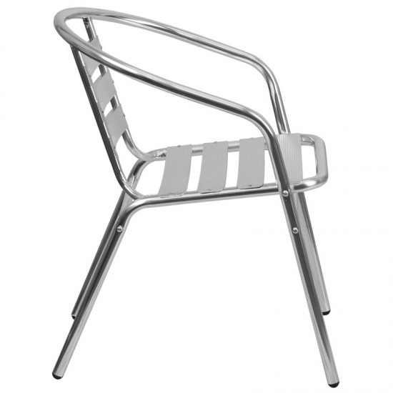 Commercial Aluminum Indoor-Outdoor Restaurant Stack Chair with Triple Slat Back and Arms