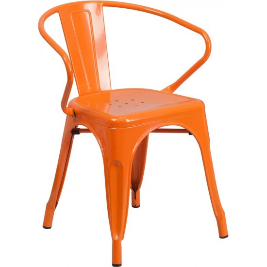 Commercial Grade Orange Metal Indoor-Outdoor Chair with Arms