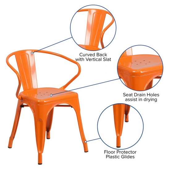 Commercial Grade Orange Metal Indoor-Outdoor Chair with Arms