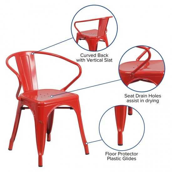 Commercial Grade Red Metal Indoor-Outdoor Chair with Arms