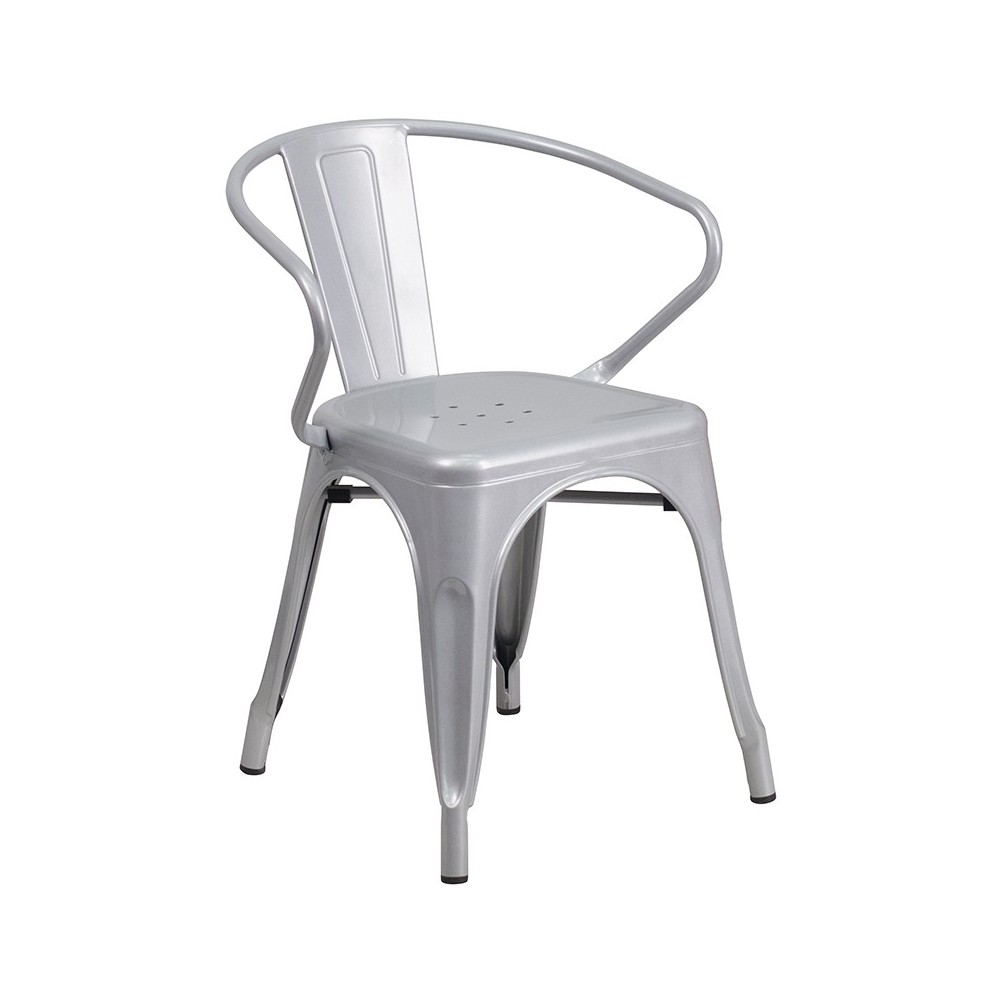 Commercial Grade Silver Metal Indoor-Outdoor Chair with Arms