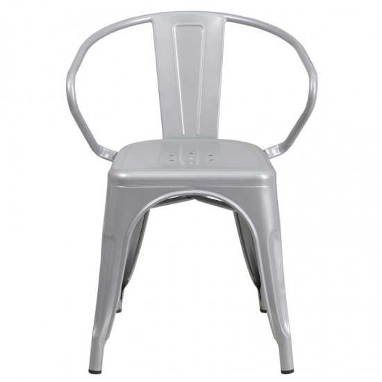 Commercial Grade Silver Metal Indoor-Outdoor Chair with Arms