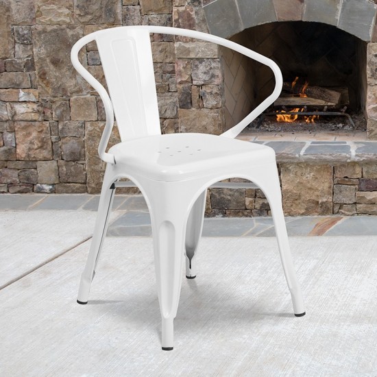 Commercial Grade White Metal Indoor-Outdoor Chair with Arms