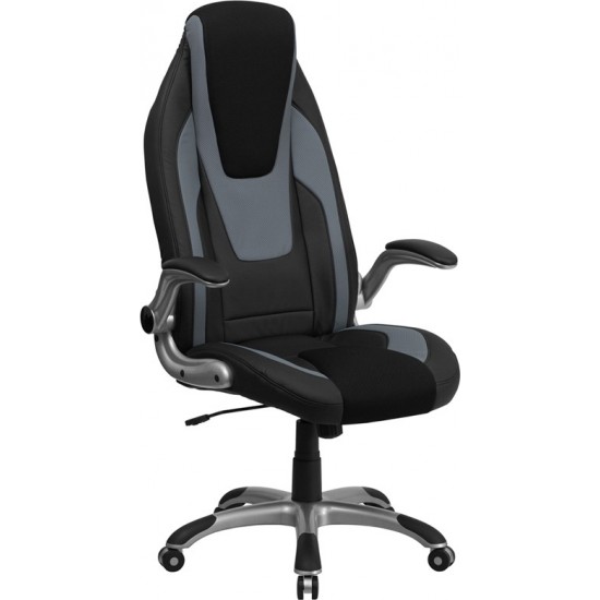 High Back Black and Gray Vinyl Executive Swivel Ergonomic Office Chair with Black Mesh Insets and Flip-Up Arms