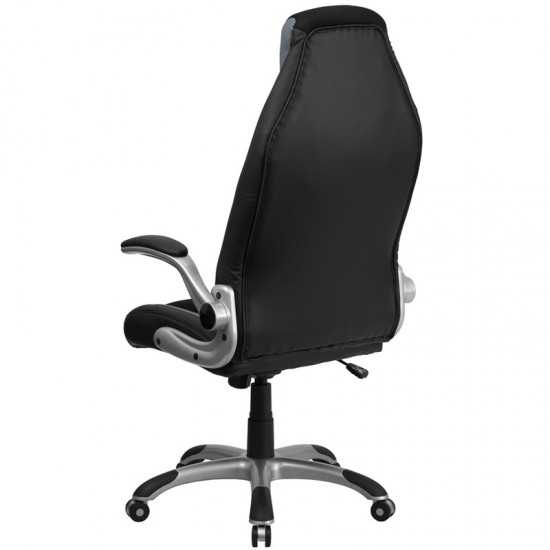 High Back Black and Gray Vinyl Executive Swivel Ergonomic Office Chair with Black Mesh Insets and Flip-Up Arms