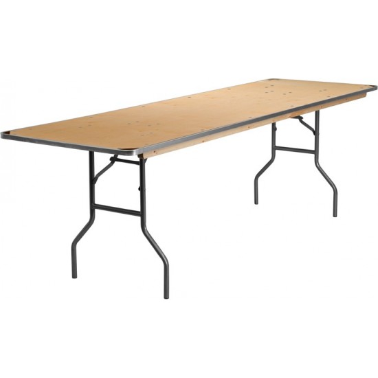 8-Foot Rectangular HEAVY DUTY Birchwood Folding Banquet Table with METAL Edges and Protective Corner Guards