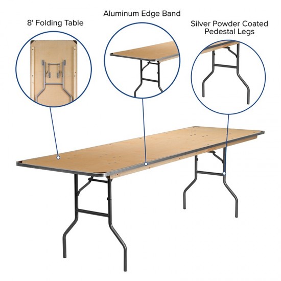 8-Foot Rectangular HEAVY DUTY Birchwood Folding Banquet Table with METAL Edges and Protective Corner Guards