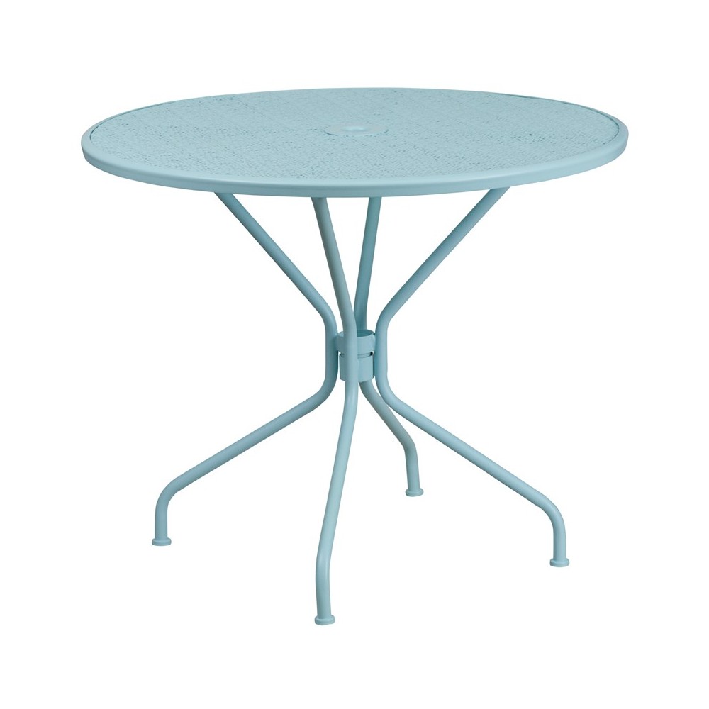 Commercial Grade 35.25" Round Sky Blue Indoor-Outdoor Steel Patio Table