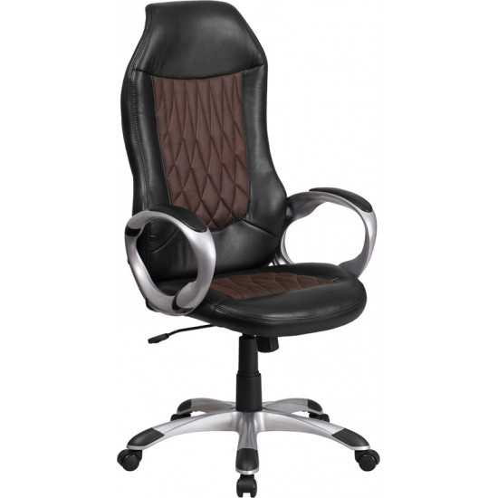 High Back Brown Fabric and Black Vinyl Executive Swivel Office Chair with Arms