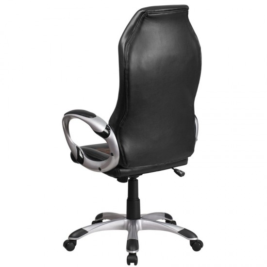 High Back Brown Fabric and Black Vinyl Executive Swivel Office Chair with Arms