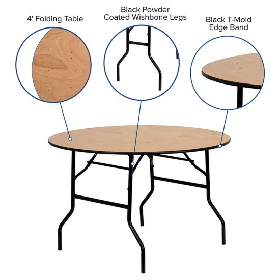 4-Foot Round Wood Folding Banquet Table with Clear Coated Finished Top