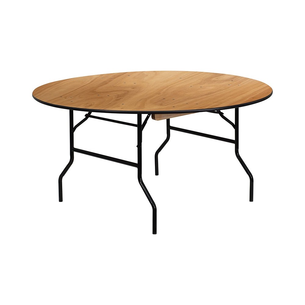 5-Foot Round Wood Folding Banquet Table with Clear Coated Finished Top