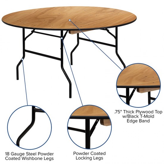 5-Foot Round Wood Folding Banquet Table with Clear Coated Finished Top