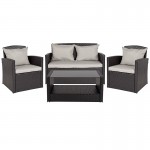 Aransas Series 4 Piece Black Patio Set with Gray Back Pillows and Seat Cushions