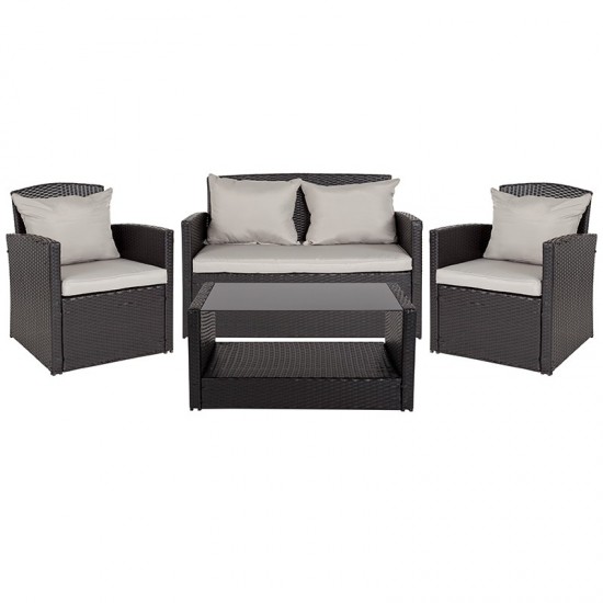 Aransas Series 4 Piece Black Patio Set with Gray Back Pillows and Seat Cushions