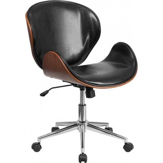 Mid-Back Walnut Wood Conference Office Chair in Black LeatherSoft