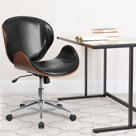 Mid-Back Walnut Wood Conference Office Chair in Black LeatherSoft