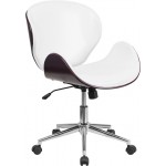 Mid-Back Mahogany Wood Conference Office Chair in White LeatherSoft