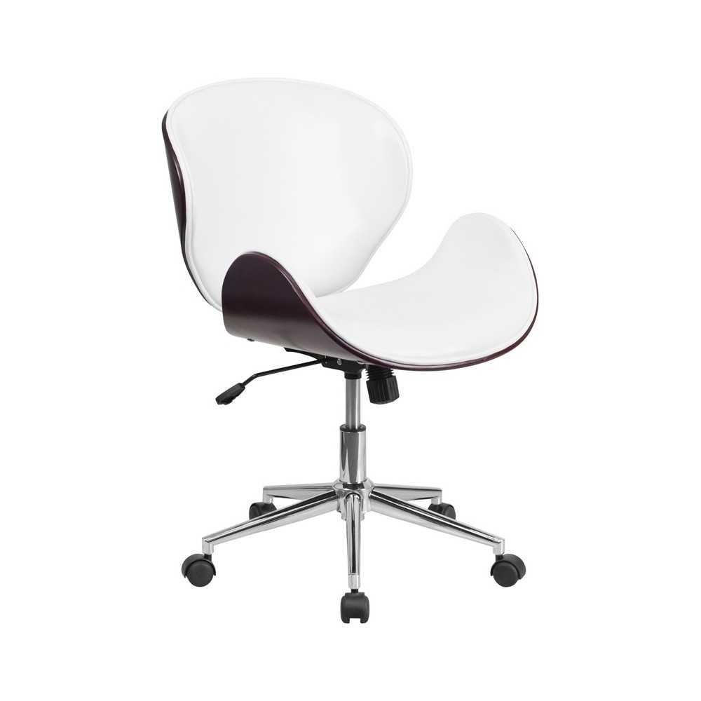 Mid-Back Mahogany Wood Conference Office Chair in White LeatherSoft