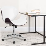 Mid-Back Mahogany Wood Conference Office Chair in White LeatherSoft