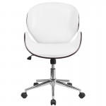 Mid-Back Mahogany Wood Conference Office Chair in White LeatherSoft