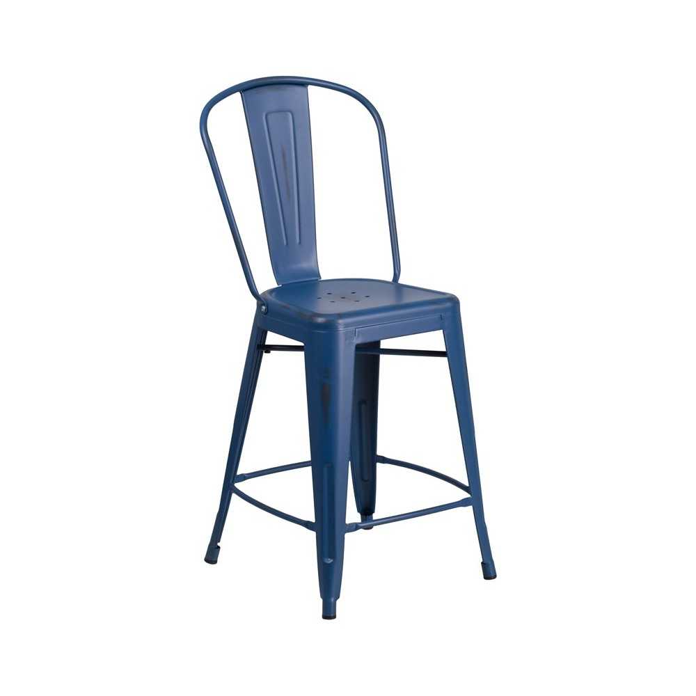 Commercial Grade 24" High Distressed Antique Blue Metal Indoor-Outdoor Counter Height Stool with Back Commercial Grade 24" High Distressed Antique Blue Metal Indoor-Outdoor Counter Height Stool with Back