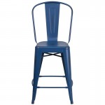 Commercial Grade 24" High Distressed Antique Blue Metal Indoor-Outdoor Counter Height Stool with Back