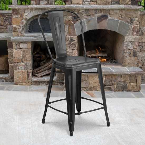 Commercial Grade 24" High Distressed Black Metal Indoor-Outdoor Counter Height Stool with Back