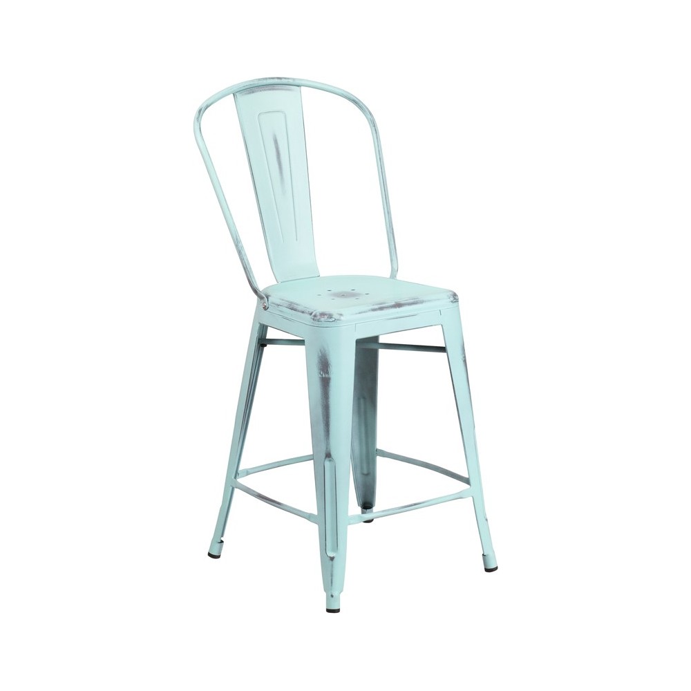 Commercial Grade 24" High Distressed Green-Blue Metal Indoor-Outdoor Counter Height Stool with Back