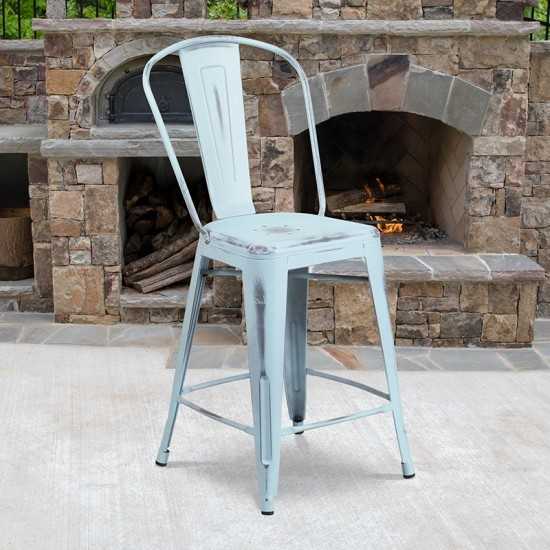 Commercial Grade 24" High Distressed Green-Blue Metal Indoor-Outdoor Counter Height Stool with Back