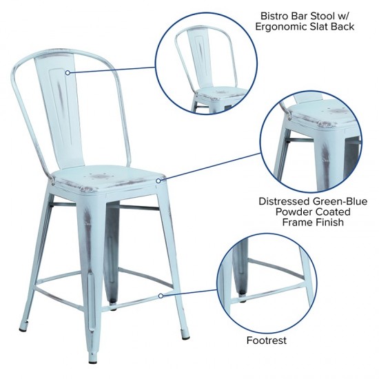 Commercial Grade 24" High Distressed Green-Blue Metal Indoor-Outdoor Counter Height Stool with Back