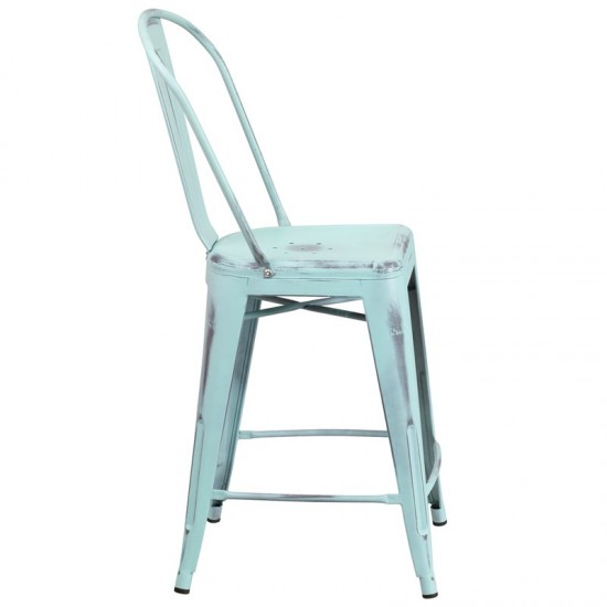 Commercial Grade 24" High Distressed Green-Blue Metal Indoor-Outdoor Counter Height Stool with Back