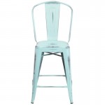 Commercial Grade 24" High Distressed Green-Blue Metal Indoor-Outdoor Counter Height Stool with Back