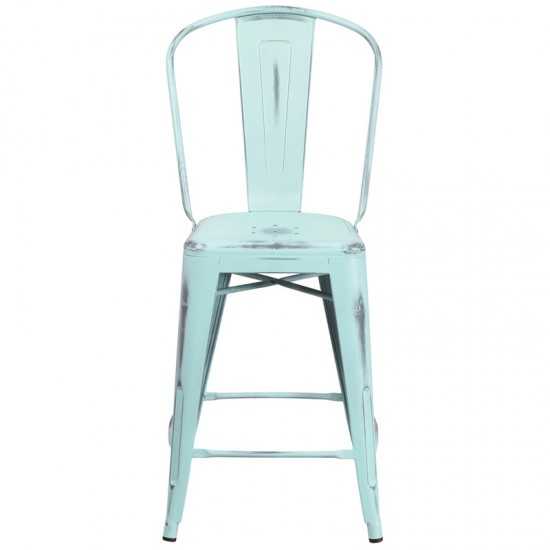 Commercial Grade 24" High Distressed Green-Blue Metal Indoor-Outdoor Counter Height Stool with Back