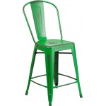 Commercial Grade 24" High Distressed Green Metal Indoor-Outdoor Counter Height Stool with Back