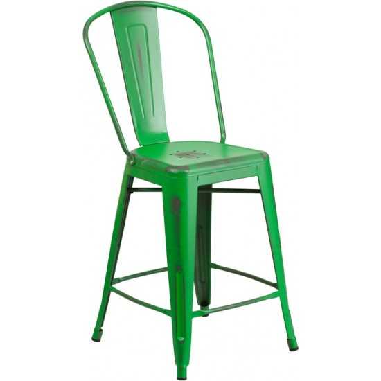 Commercial Grade 24" High Distressed Green Metal Indoor-Outdoor Counter Height Stool with Back