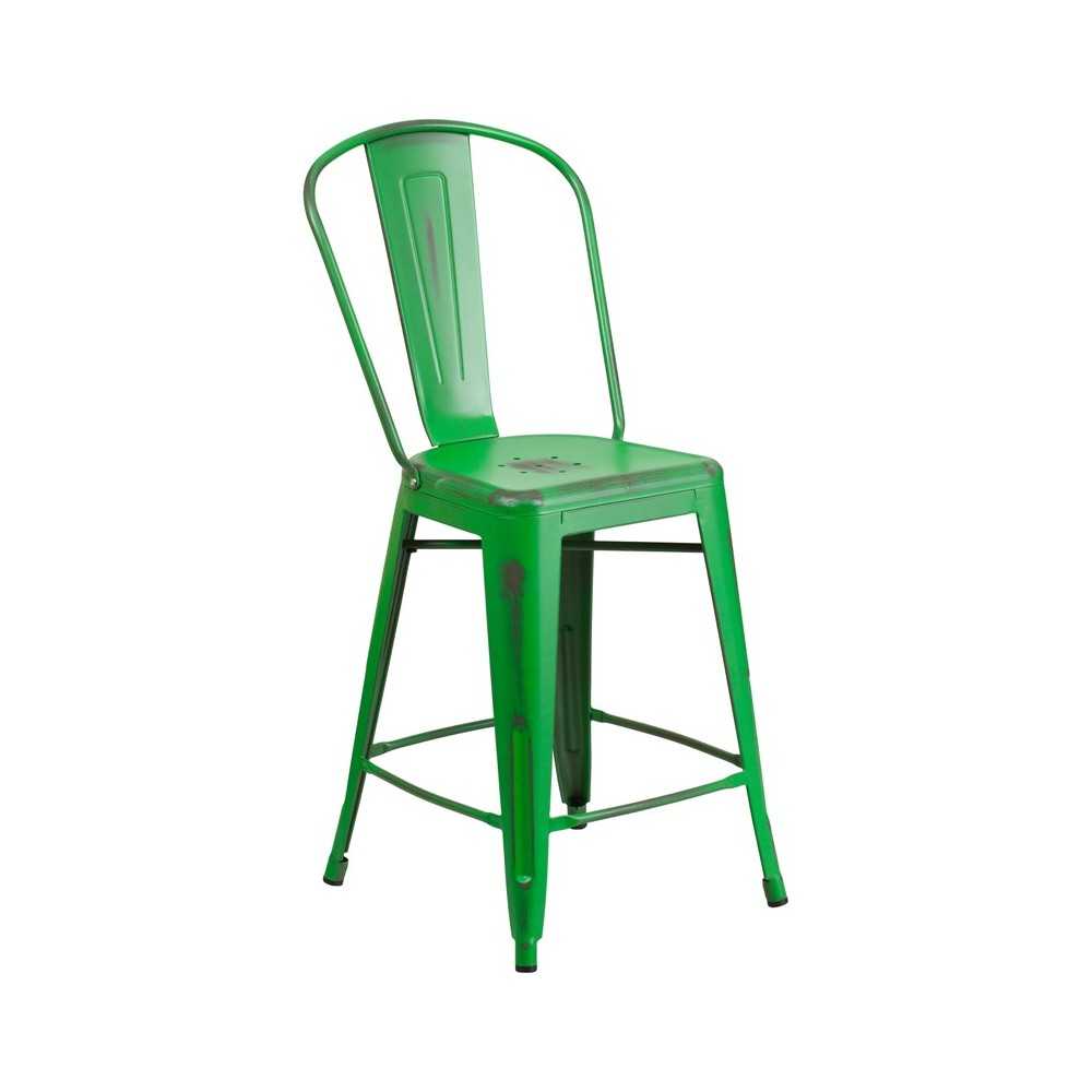 Commercial Grade 24" High Distressed Green Metal Indoor-Outdoor Counter Height Stool with Back