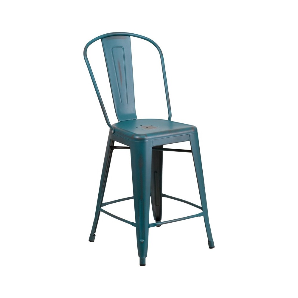 Commercial Grade 24" High Distressed Kelly Blue-Teal Metal Indoor-Outdoor Counter Height Stool with Back