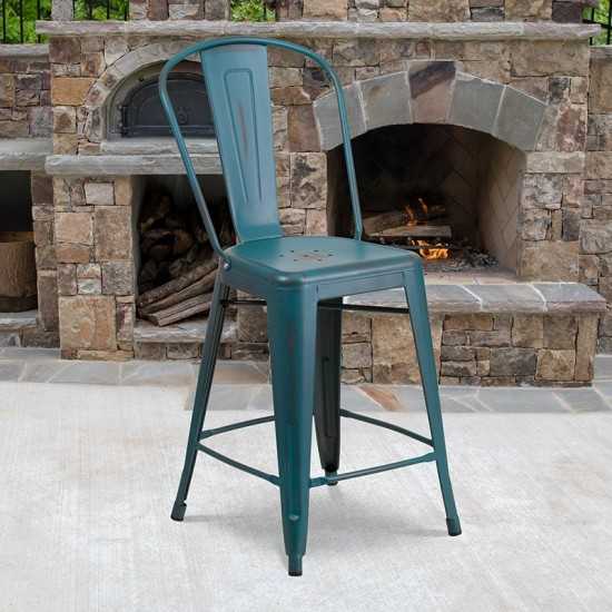 Commercial Grade 24" High Distressed Kelly Blue-Teal Metal Indoor-Outdoor Counter Height Stool with Back