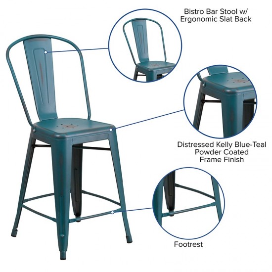 Commercial Grade 24" High Distressed Kelly Blue-Teal Metal Indoor-Outdoor Counter Height Stool with Back