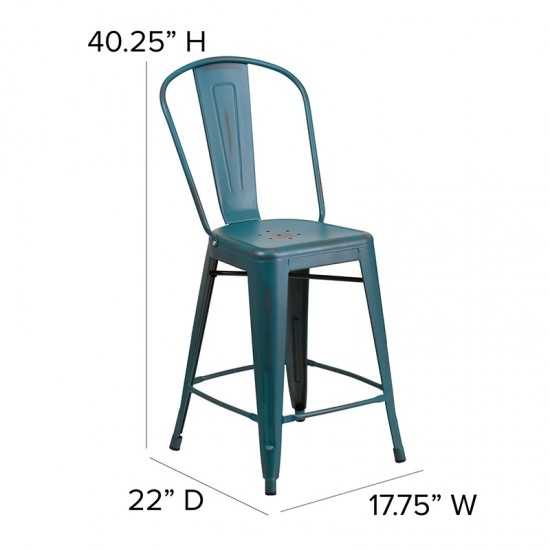 Commercial Grade 24" High Distressed Kelly Blue-Teal Metal Indoor-Outdoor Counter Height Stool with Back