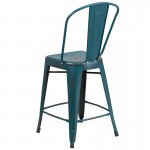 Commercial Grade 24" High Distressed Kelly Blue-Teal Metal Indoor-Outdoor Counter Height Stool with Back