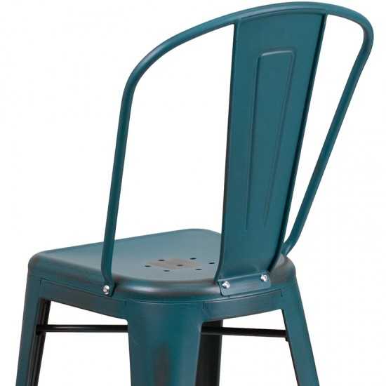 Commercial Grade 24" High Distressed Kelly Blue-Teal Metal Indoor-Outdoor Counter Height Stool with Back